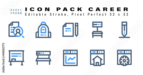 Icon Set of Career Two Color Icons. Contains such Icons as Write, Whiteboard, Chair, Page Graphic etc. Editable Stroke. 32 x 32 Pixel Perfect