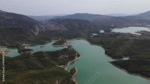 Aerial view of  lakes agains hills, El Chorro, Caminito del Rey, Andalusia. Establishing aerial shot