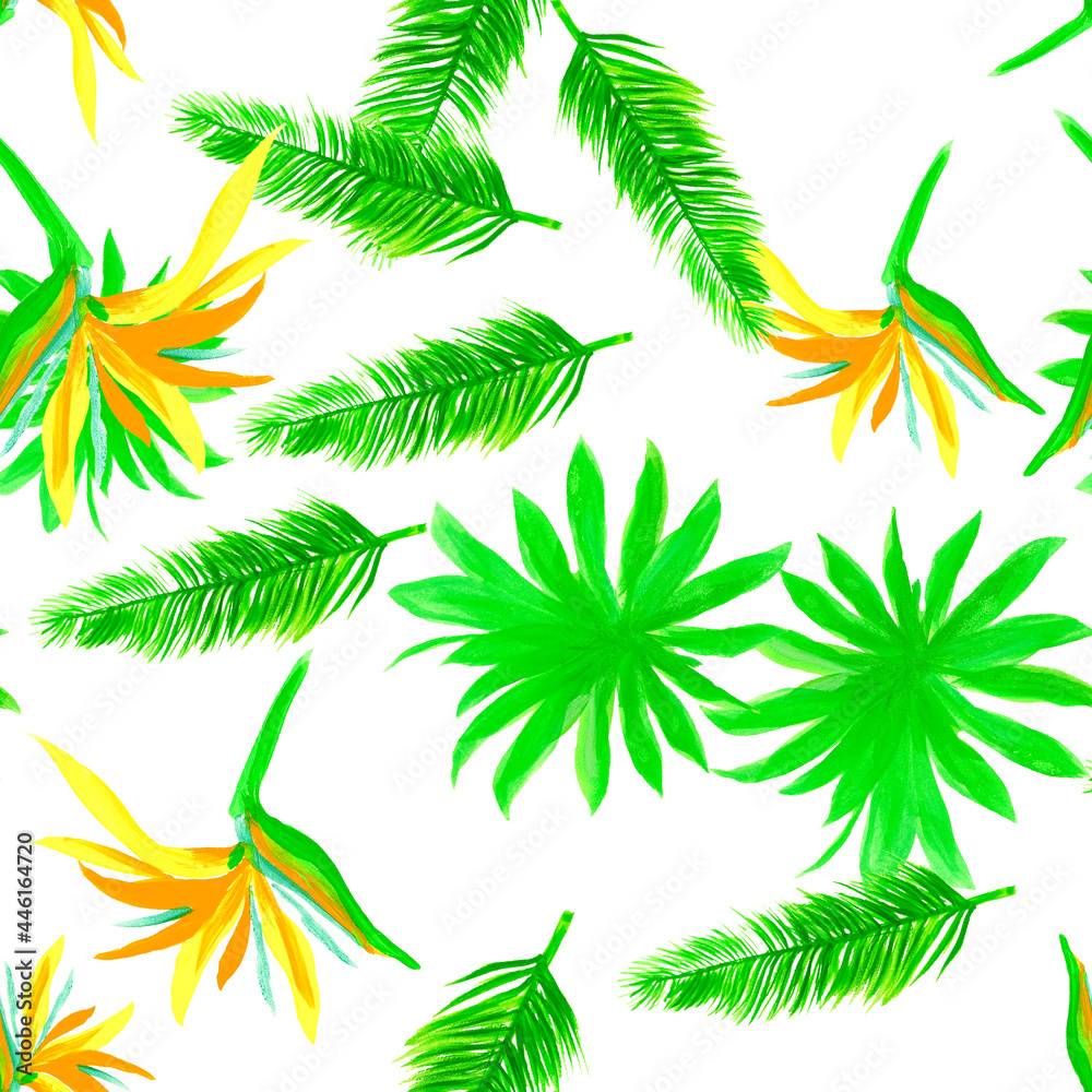 Organic Pattern Plant. Natural Seamless Nature. White Tropical Botanical. Green Isolated Design. Drawing Nature. Decoration Design. Wallpaper Hibiscus.
