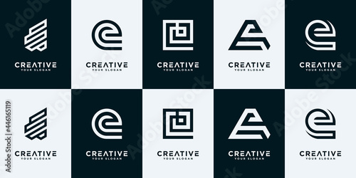 Set of creative abstract monogram letter e logo design collection.	