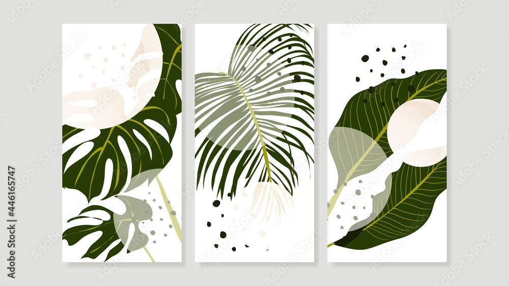 Tropical botanical triptych wall art vector. Abstract art background with  palm leaves , Monstera leaf, Golden line drawing and watercolor hand  painting design for wall decor, poster and wallpaper. Stock-Vektorgrafik |  Adobe