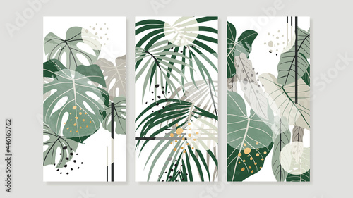 Tropical botanical triptych wall art vector. Abstract art background with palm leaves , Monstera leaf, Golden line drawing  and watercolor hand painting design for wall decor, poster and wallpaper.