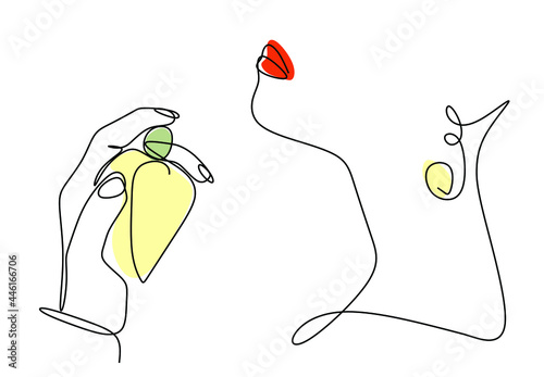 continuous drawing of women's hands with a perfume bottle and a face contour in the style of minimalism, close-up, cosmetics, magazine, T-shirt print