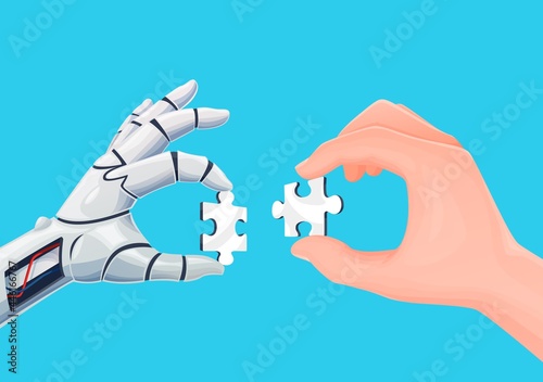 Robot and human hands connecting jigsaw puzzle pieces. Artificial intelligence technology vector concept, digital future and work robotic automation, problem solution and cooperation with AI