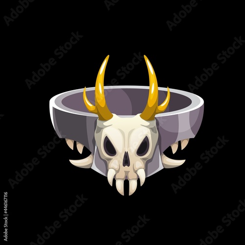 Magic ring with animal skull, vector wizard jewelry with creepy horned cranium. Sorcerer fantasy magician or witch jewel with sharp teeth and death head. Cartoon ring ui element, graphic design asset