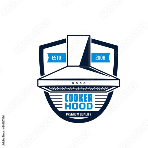 Cooker hood isolated icon of kitchen equipment vector. Exhaust, range or extractor hood, stove and oven hood, electric chimney fan badge of home appliances and kitchen device