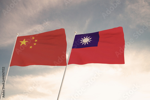 Flags of China and Taiwan waving with cloudy blue sky background, 3D redering United States of America, Chinese Communist Party CCP. photo