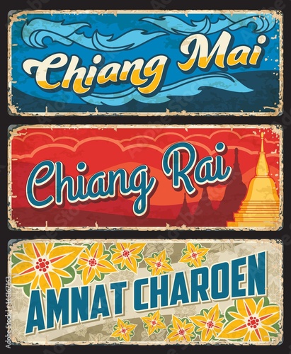 Chiang Mai, Chiang Rai and Amnat Charoen Thailand province vector plates with Buddhist temple stupa or chedi and lotus flowers. Thai travel grunge tin plates, old metal banners and vintage stickers photo