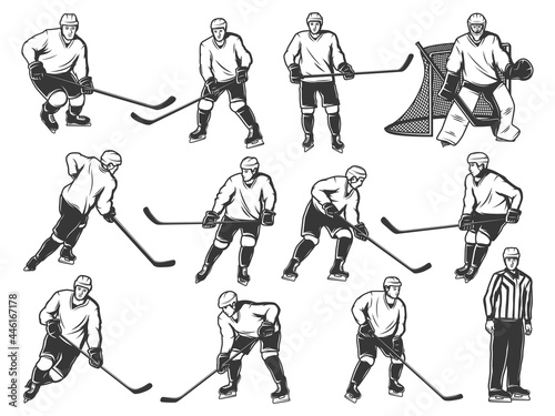 Ice hockey players vector set of isolated sport team players and referee on rink with sticks, pucks, skates and goal gate. Goaltender, forwards and defensemen wearing uniform, helmets and gloves