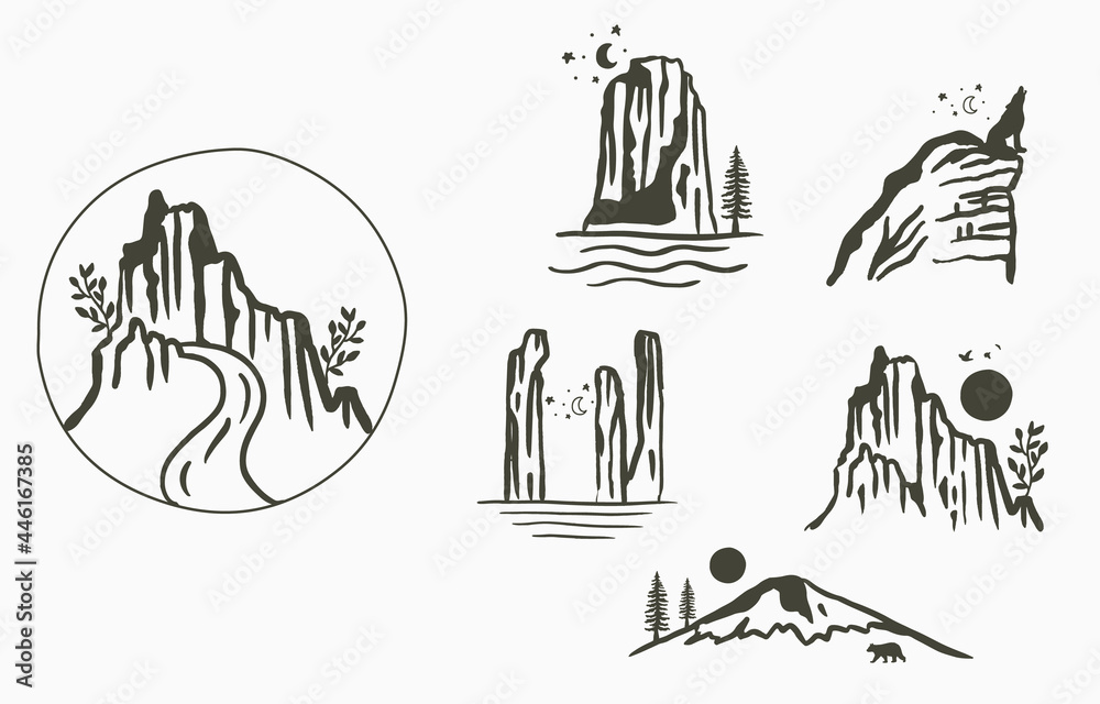 Black line natural scenery with mountain,river,sun,tree Black line natural scenery with mountain,river,sun,tree