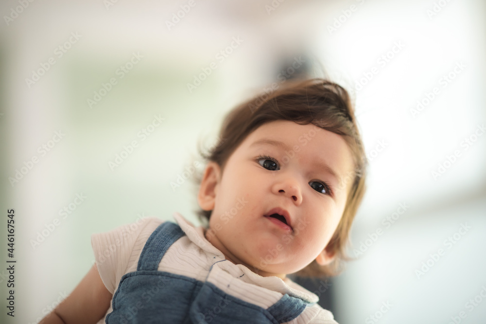 portrait cute little baby children, newborn caucasian infant childhood in happy child care concept, small innocence boy or girl