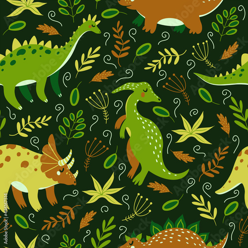 Cute cartoon dinosaurs seamless vector pattern. Jurassic animals in the jungle on a dark background. Hand-drawn Gigantosaurus. Colored doodle  flat style. Dino among the leaves and flowers.