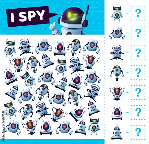 I spy game with robots and droids or bots, vector cartoon find and match board game. Kids tabletop puzzle or guess game riddle, I spy or find similar futuristic robots and android bots