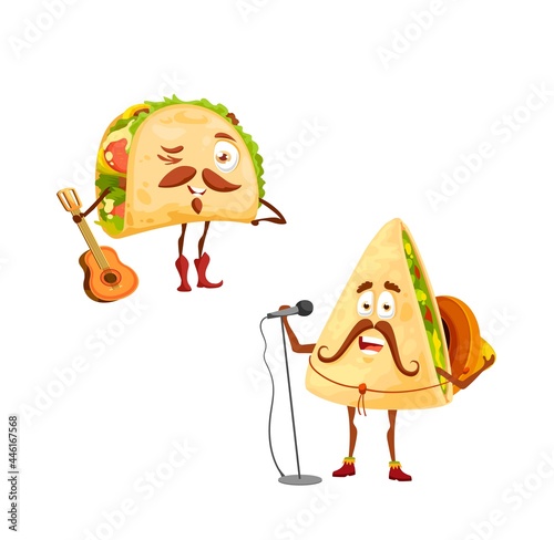 Cartoon mexican tacos and quesadilla characters. Vector singer in sombrero with microphone and funny musician with guitar tex mex fastfood with mustaches celebrating national holidays