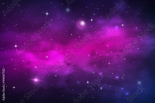 Space planets and stars, galaxy nebula and stardust vector cosmic background. Blue purple realistic shining nebulosity cloud in starry universe. Bright cosmos infinite, night sky backdrop wallpaper