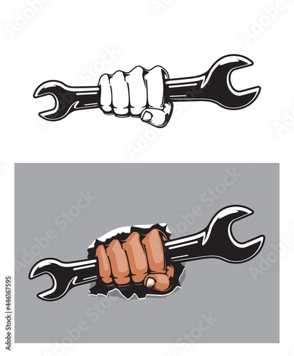 Human hand with wrench or spanner, vector mechanic or plumber worker with screw key in arm. Car repair, auto service, plumbing and construction industry design with work tool and man fist