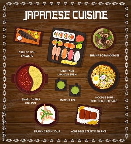 Japanese cuisine vector menu grilled fish skewers, nigiri and uramaki sushi and shrimp soba noodles. Shabu shabu hot pot, matcha tea and noodle soup, egg with fish cake or prawn cream soup Japan meals