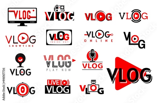 Vlog video icons, symbols of play and tv blog vector buttons. Vlog video channel and social media stream or live online vlogger tube broadcast, web camera and player signs