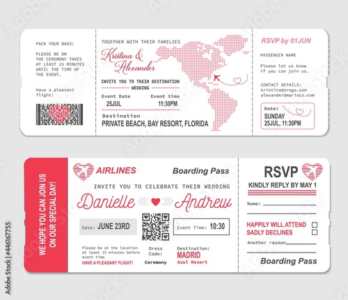 Boarding pass ticket, wedding invitation template to marriage RSVP, vector. Wedding ceremony gift of romantic travel flight ticket or boarding pass to honeymoon paradise photo