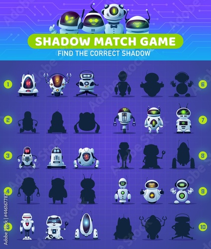 Shadow match kids game with cartoon robots and circuit board. Memory puzzle, educational riddle or maze, children worksheet vector template with modern artificial intelligence android bots