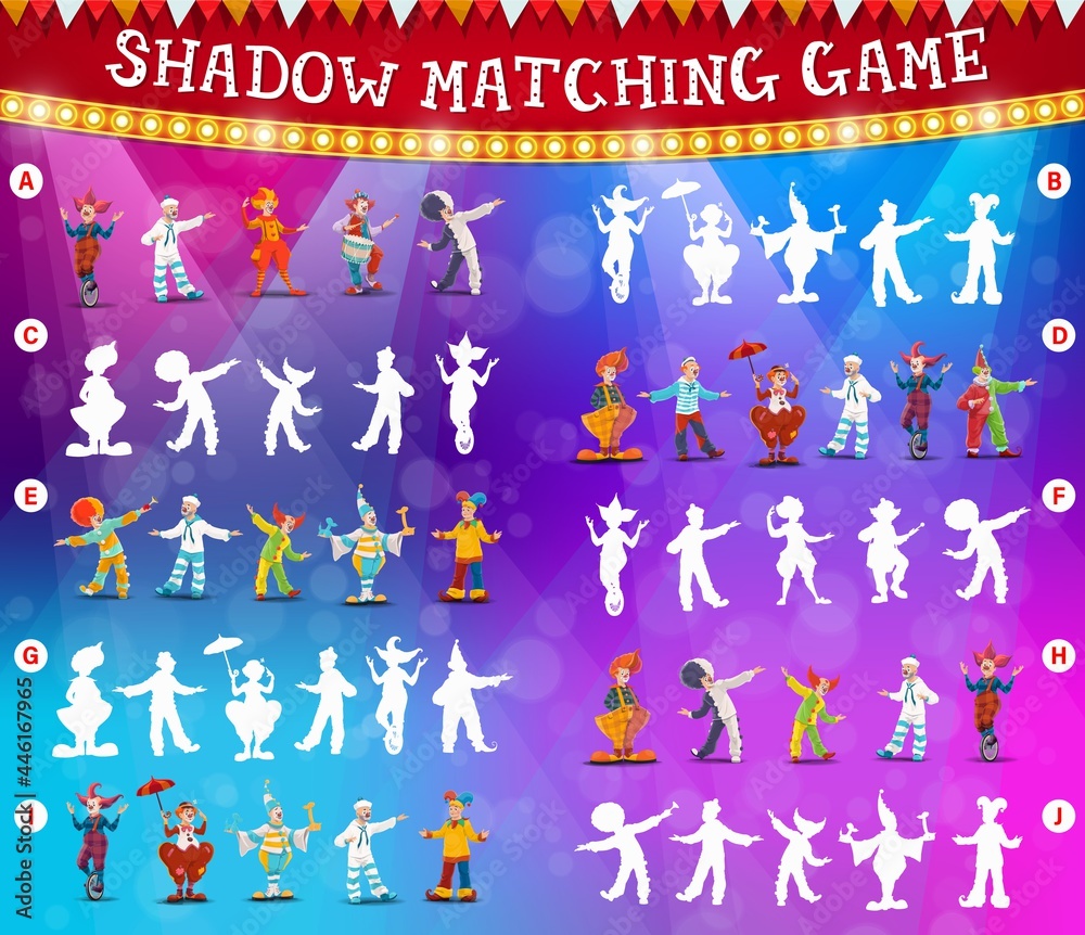 Circus clowns shadow matching vector game or puzzle. Kids education memory game, riddle, maze or attention test with task of find and match silhouettes of shapito carnival show clowns and jokers
