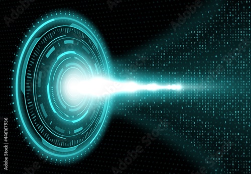 Data center, big data wave and cloud information storage technology concept. Digital communication, virtual reality and computer science. Vector background with neon circle and binary code digits