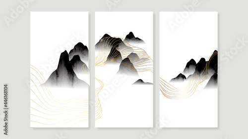 Mountain triptych wall art vector. Chinese or Japanese oriental Watercolor Floating Mountains background with gold line art. Design for home decor, Office art and wallpaper.