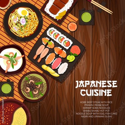 Japanese cuisine cartoon vector grilled fish skewers, nigiri and uramaki sushi or shrimp soba noodles. Matcha tea, fish cake and prawn cream soup, kobe beef steak with rice Japan meals cartoon poster