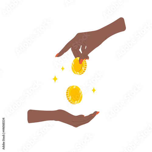 Transfer money. African female hand giving golden coins. Donation, charity or payday concept. Financial symbol. Banking or business services. Vector illustration in flat cartoon style.