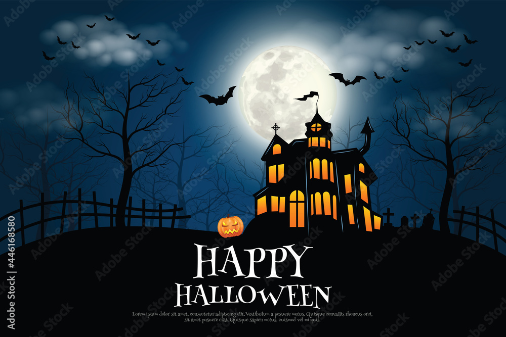 Castle, haunted house and ghost hands, tomb on full moon night. illustrator Vector Eps 10.