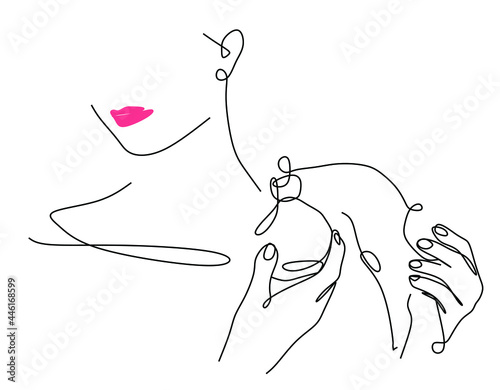 continuous drawing of women's hands with a perfume bottle and a face contour in the style of minimalism, close-up, cosmetics, magazine, T-shirt print