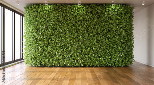 Fototapeta Naklejka Na Ścianę i Meble -  Green wall in empty room. Eco-style in interior, 3d render 