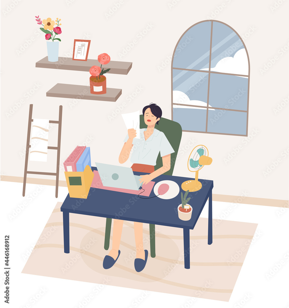 Fototapeta premium A woman in the hot summer is fanning her hands while working in her home office. flat design style minimal vector illustration.