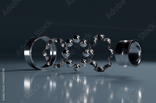 3D illustration metal silver  disassembled ball bearing with balls on white  isolated background. Bearing industrial. Part of the car