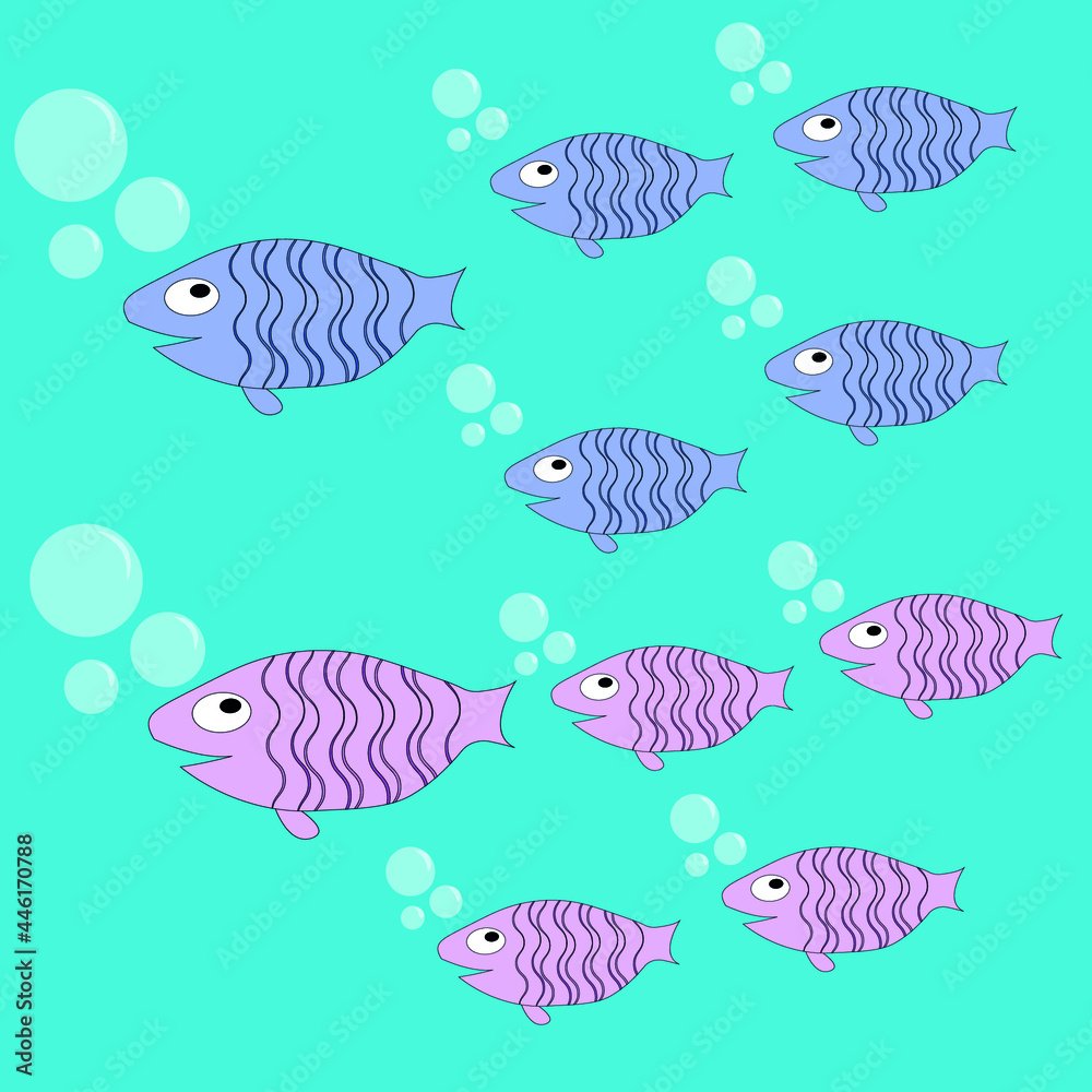 Cute sea fish happy family, with mother and father and children, sons and daughters swim in the sea, vector illustration. Cute sea fish happy family, with mother and father and children, sons and daughters swim in the sea, vector illustration.