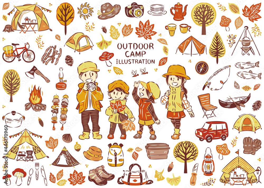 秋の紅葉狩り アウトドア レジャー キャンプ 家族 アイコン イラストセット 主線あり Stock Vector Adobe Stock