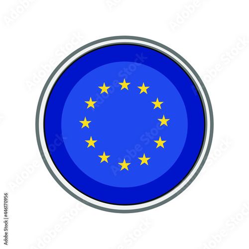 European Union (EU) 3 dimensional shiny blue flag with yellow stars in circle vector push button.