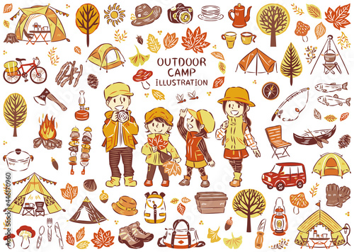 秋の紅葉狩り　アウトドア　レジャー　キャンプ　家族　アイコン　イラストセット　（主線あり）