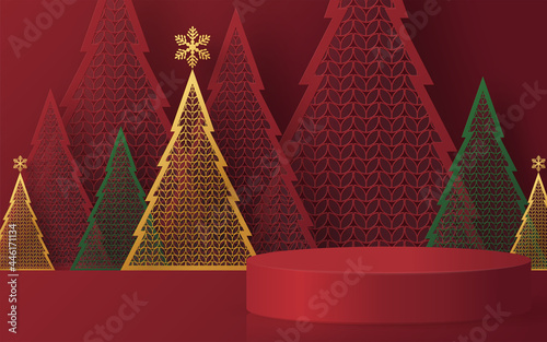 Christmas and New Year podium background vector design 3d products or show cosmetic product display. stage pedestal or platform. winter christmas red background.