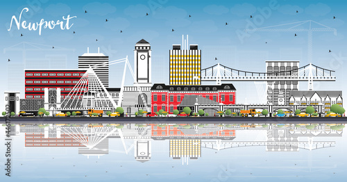 Newport Wales City Skyline with Color Buildings, Blue Sky and Reflections.