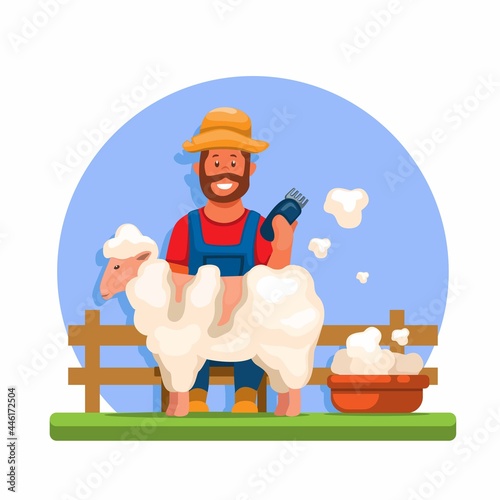 Farmer shave sheep, sheep shearing cartoon illustration vector