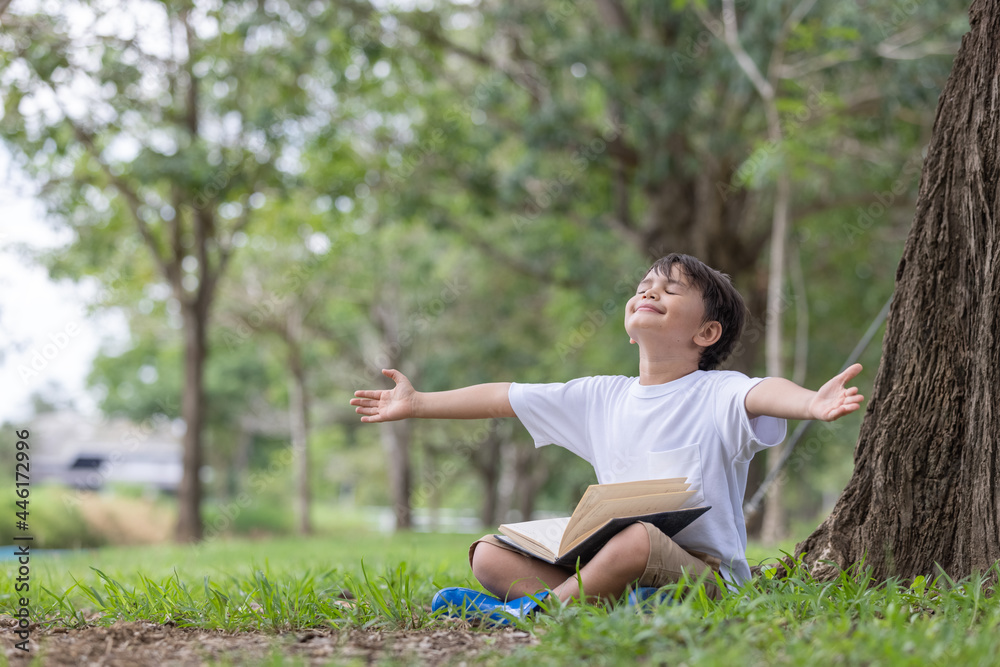 Fototapeta premium A boy spreading his arms, showing the freshness of sitting under a tree reading.