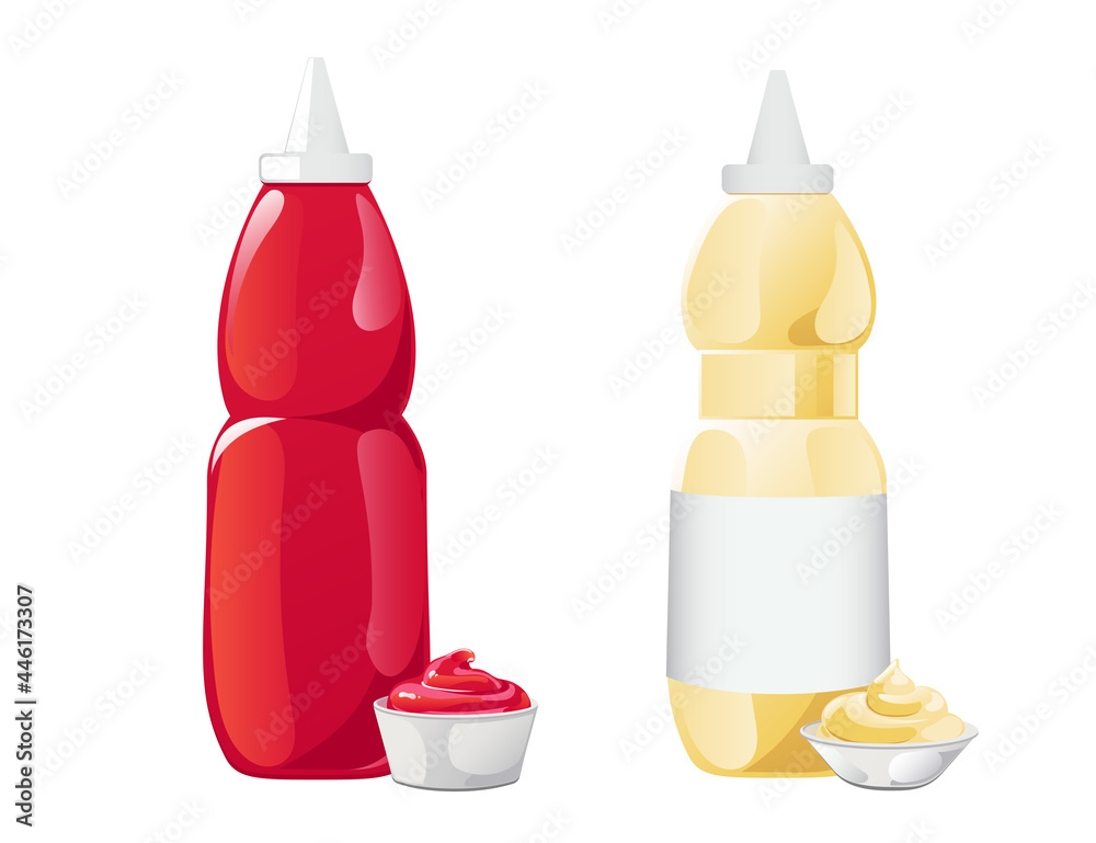 Ketchup and mayonnaise in the bottles with label set. Vector illustration in flat cartoon style. Ketchup and mayonnaise in the bottles with label set. Vector illustration in flat cartoon style.