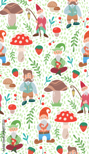 Simple light childish pattern with gnomes, natural and doodle decorations. Texture with leprechauns, foliage, mushrooms and berries on white background. Hand drawn fairy backdrop for wallpapers