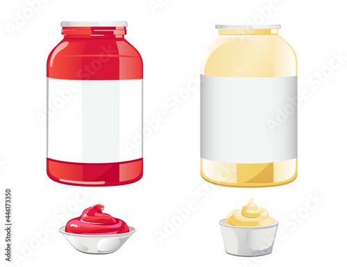 Ketchup and mayonnaise in jar set. Vector illustration in flat cartoon style.