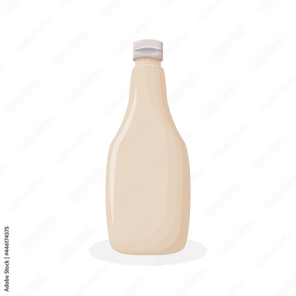 Glossy plastic bottle with round cap for white sauce, dressing, mayonnaise. Realistic packaging mockup template. Front view. Glossy plastic bottle with round cap for white sauce, dressing, mayonnaise. Realistic packaging mockup template. Front view.