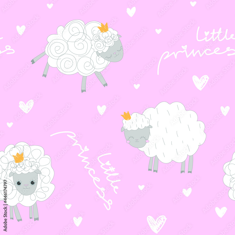 Cute pastel pink pattern with line doodle sheep with hearts. Seamless little princess background. Textiles for children. Minimalism paper scrapbook for kids. 