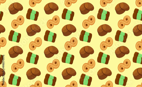 Fototapeta Naklejka Na Ścianę i Meble -  Seamless pattern with traditional swedish sweets. Chokladboll, lussekatt, dammsugare and pepparkakor (ginger cookies). Vector illustration in the cartoon style.