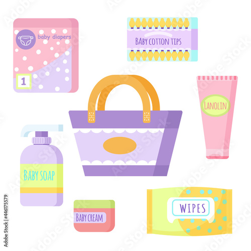 Maternity bag with cosmetics for mom and baby. Packing a hospital bag. Cosmetics for newborn.