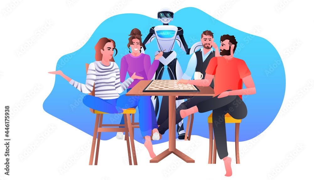 robot with people playing chess artificial intelligence technology concept